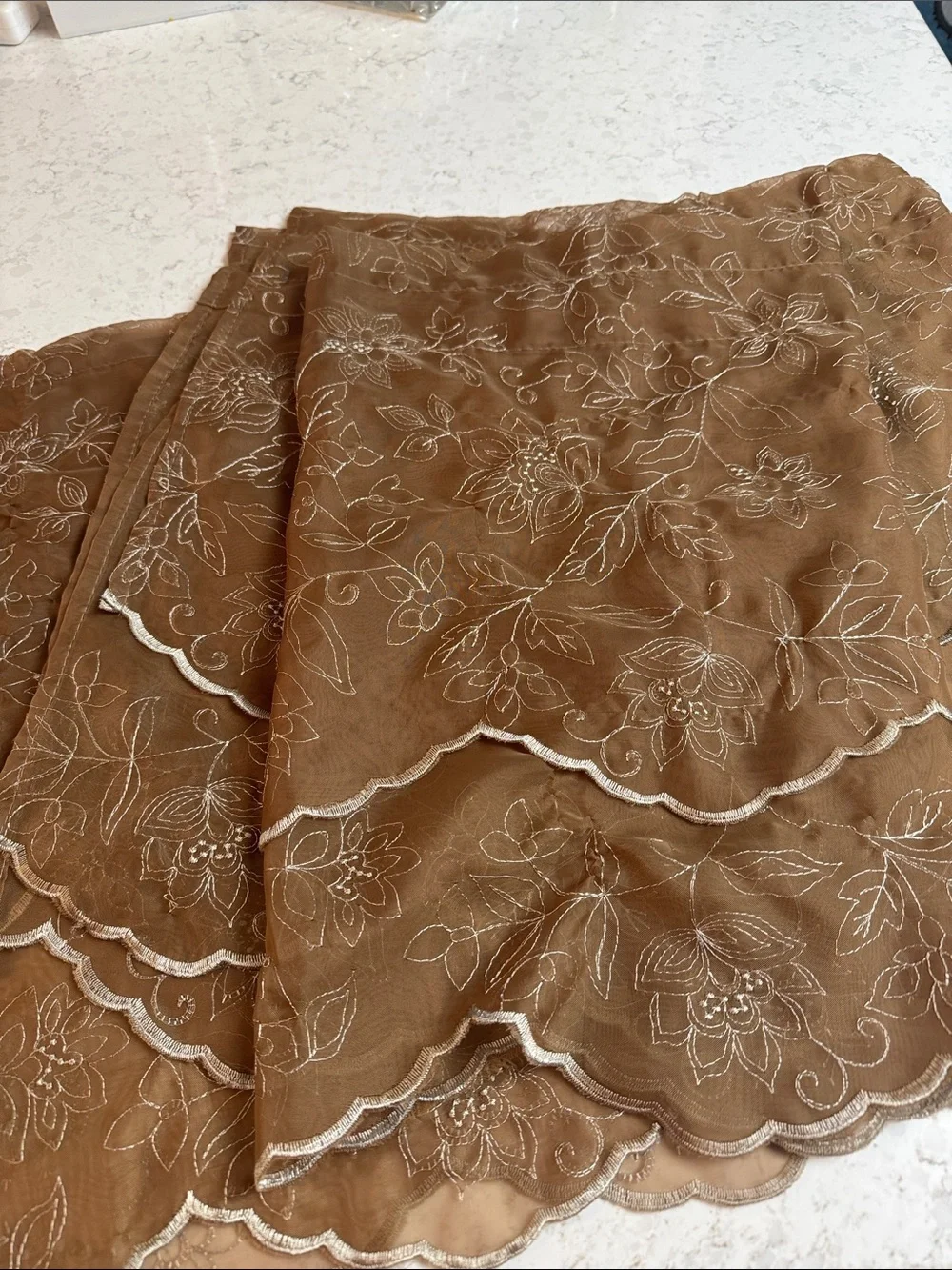Embroidered Scallop Hem Brown Sheer Overlay Valence pair